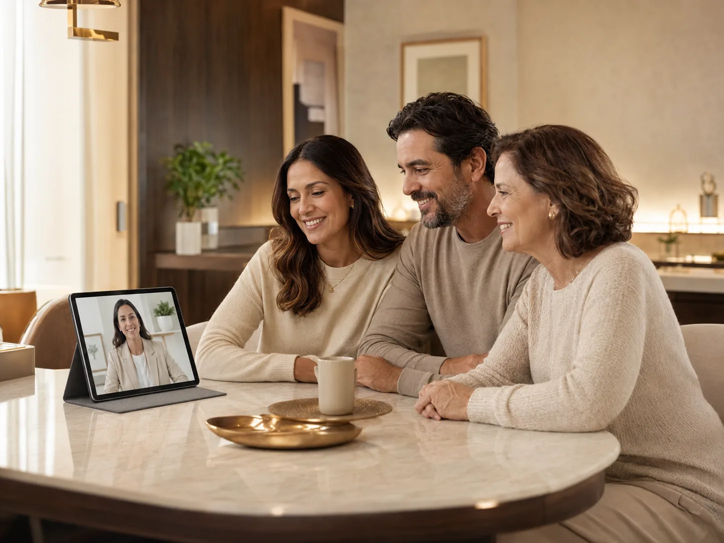Família em atendimento por telemedicina em ambiente aconchegante